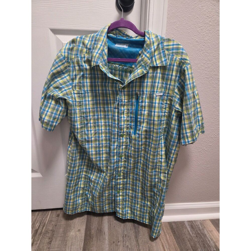 Columbia Men's Large Short Sleeve Venting Plaid Hiking Trail Shirt Lime Blue M